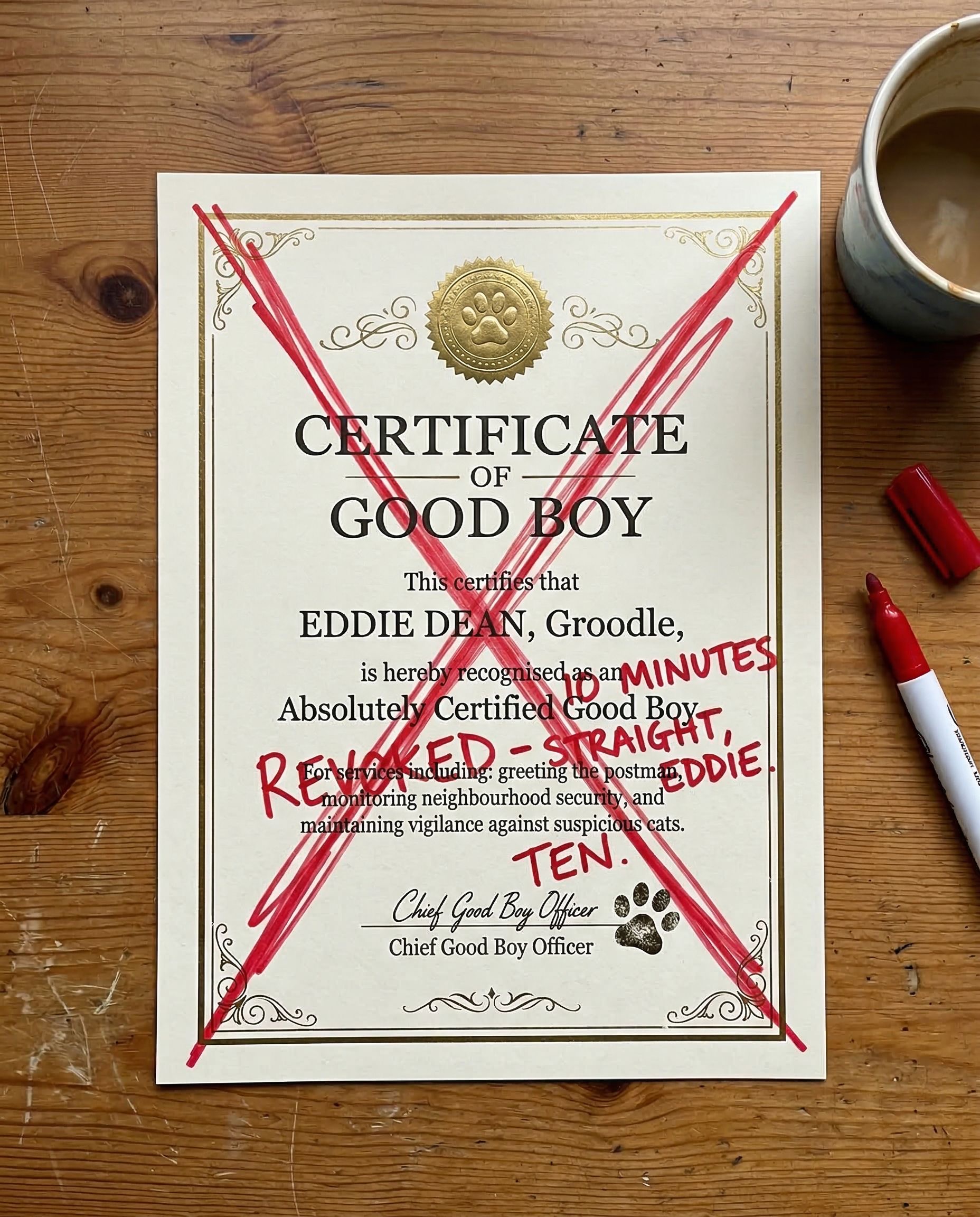 Eddie's revoked Good Boy certificate